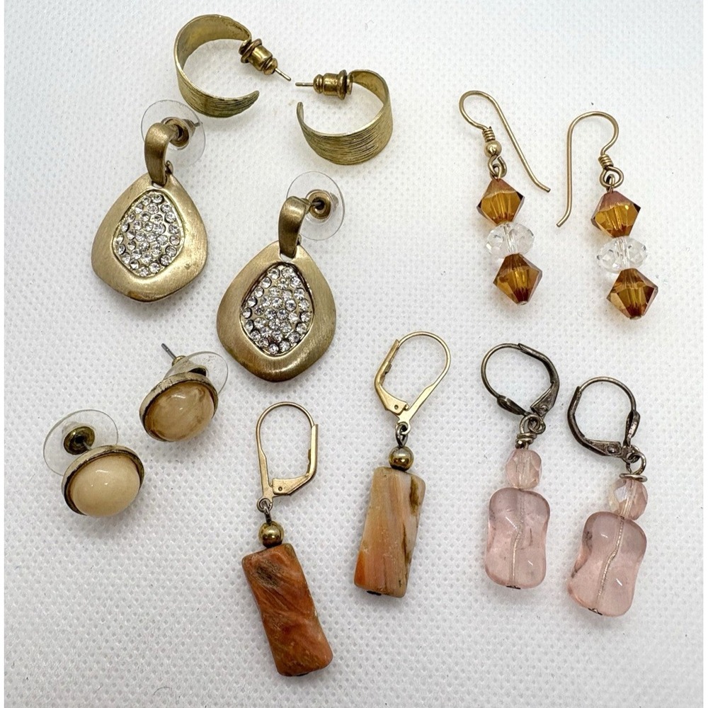 Lot of 5 Pairs Vintage Earrings‎ Gold Tone Crystal Rhinestone Glass Shell Pink